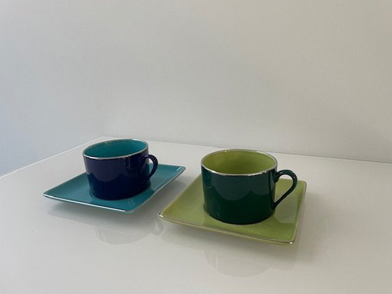 Image 1 of 2 Tasses et soucoupes colorées - Yves Deshoulières Aplico Limoges