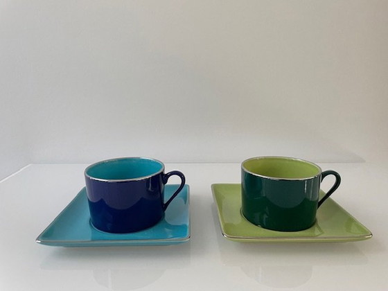 Image 1 of 2 Tasses et soucoupes colorées - Yves Deshoulières Aplico Limoges