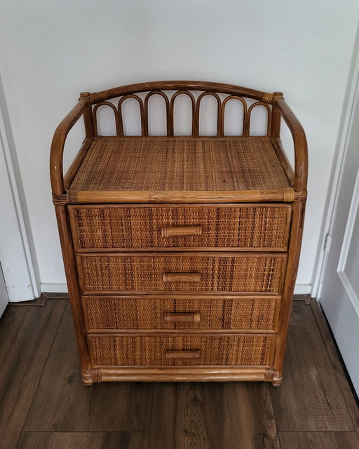 Commode de style bohème en rotin et bambou des années 1970.