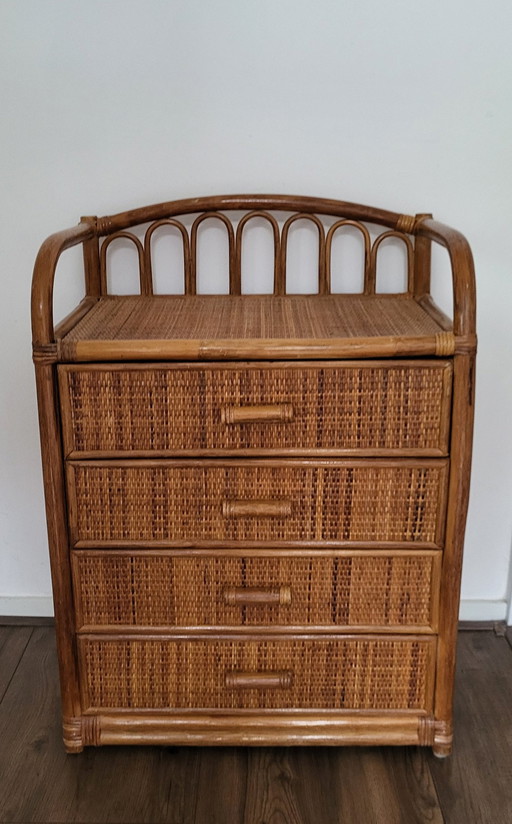 Commode de style bohème en rotin et bambou des années 1970.