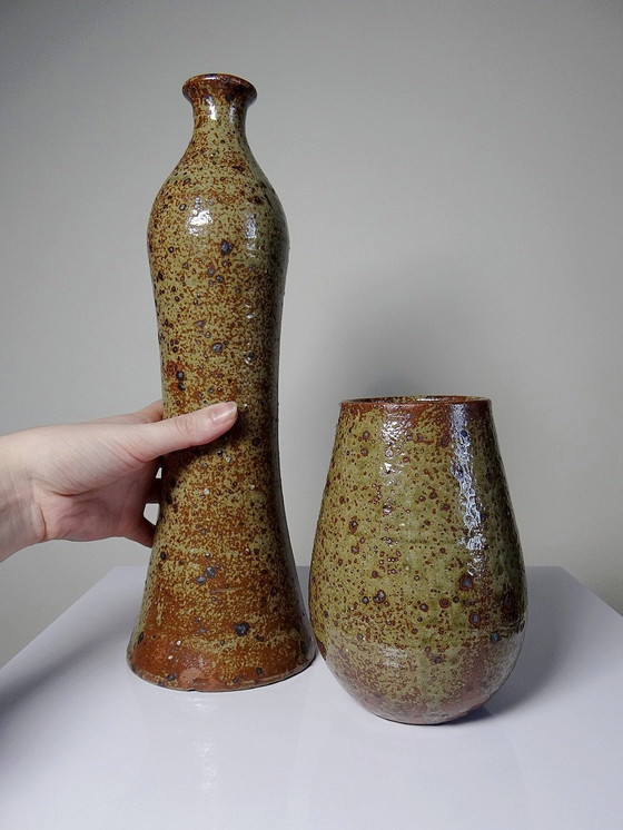 Image 1 of Duo De Vases En Grès Pyrité Vintage Années 60 Style Baudat La Borne