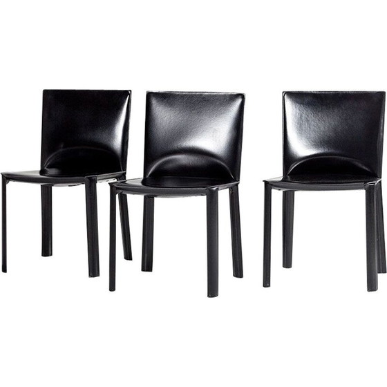Image 1 of Ensemble vintage de 3 chaises de salle à manger en cuir noir par De Couro,1980