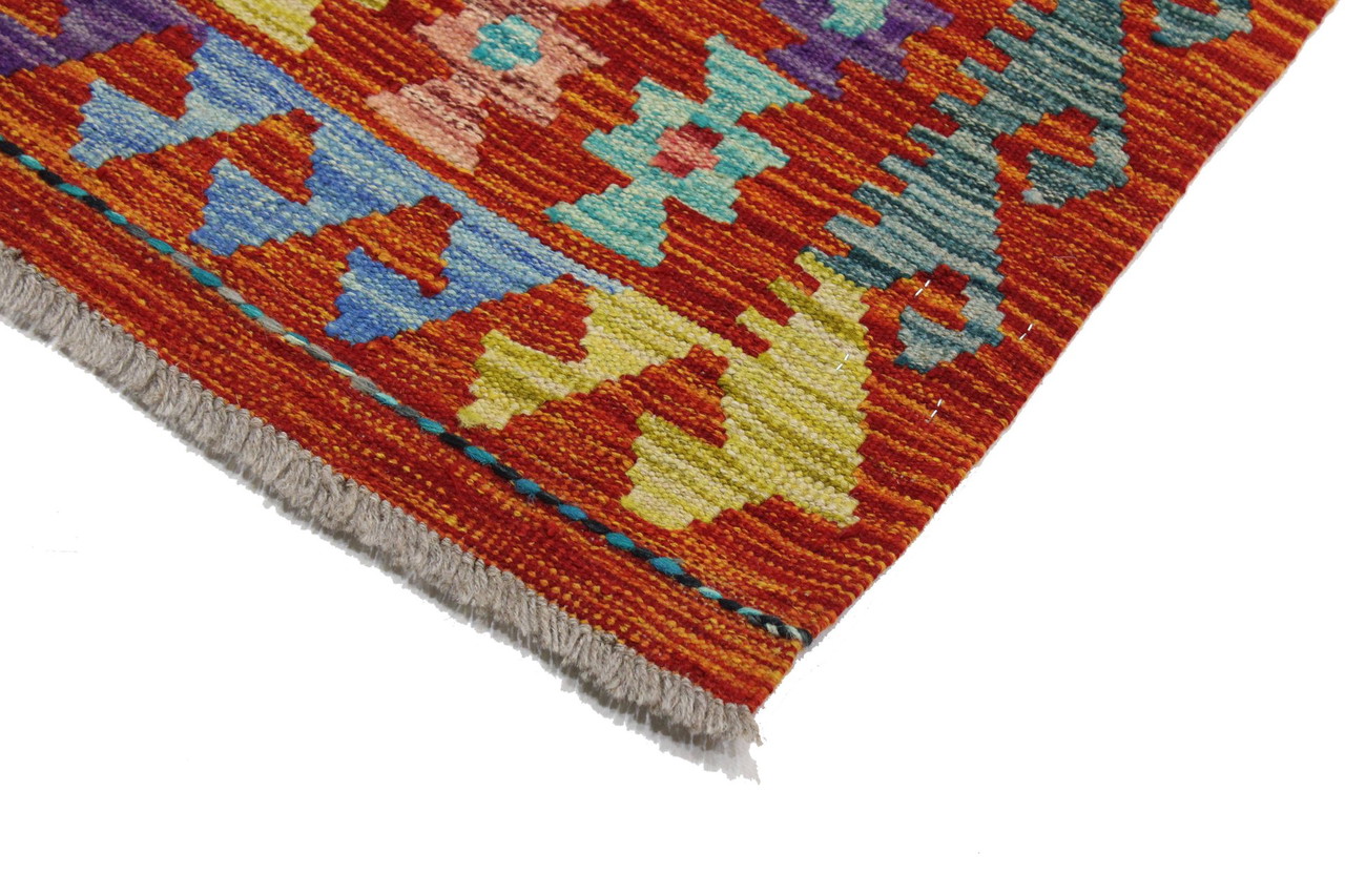 Super Tapis Kilim Afghan - 244 X 178 Cm - Tissé Main - Laine Et Coton - Multicolore