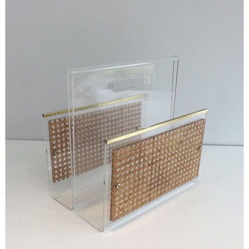 Paire de porte-revues vintage en plexiglas et laiton, France 1970