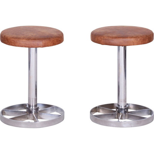 Paire de tabourets Bauhaus vintage en acier chromé et cuir brun, Tchécoslovaquie 1939