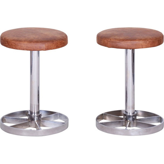 Image 1 of Paire de tabourets Bauhaus vintage en acier chromé et cuir brun, Tchécoslovaquie 1939