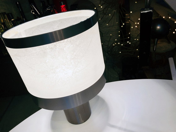 Image 1 of Lampe De Table Vintage • Attribué À Gioffredo Reggiani • Cylindre • Acier Brossé • 1970