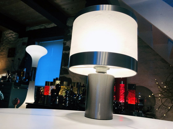 Image 1 of Lampe De Table Vintage • Attribué À Gioffredo Reggiani • Cylindre • Acier Brossé • 1970