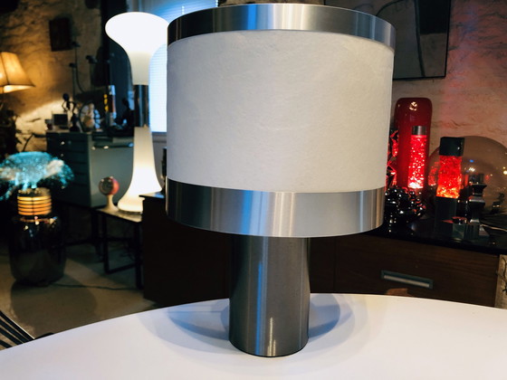 Image 1 of Lampe De Table Vintage • Attribué À Gioffredo Reggiani • Cylindre • Acier Brossé • 1970