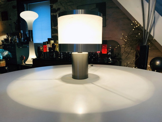 Image 1 of Lampe De Table Vintage • Attribué À Gioffredo Reggiani • Cylindre • Acier Brossé • 1970