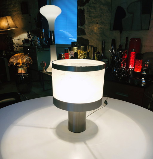 Lampe De Table Vintage • Attribué À Gioffredo Reggiani • Cylindre • Acier Brossé • 1970