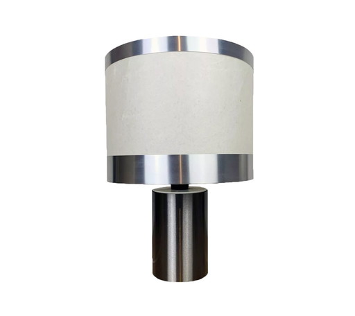 Lampe De Table Vintage • Attribué À Gioffredo Reggiani • Cylindre • Acier Brossé • 1970