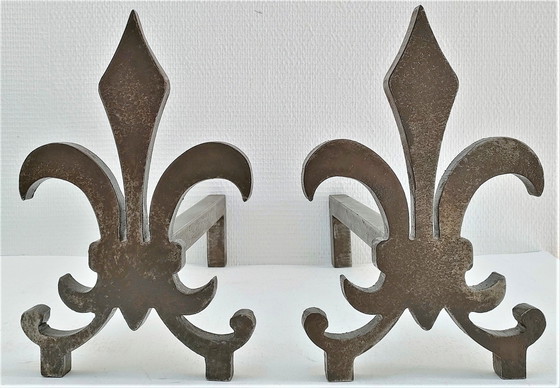 Image 1 of Paire Chenets Fleur De Lys Acier Vintage
