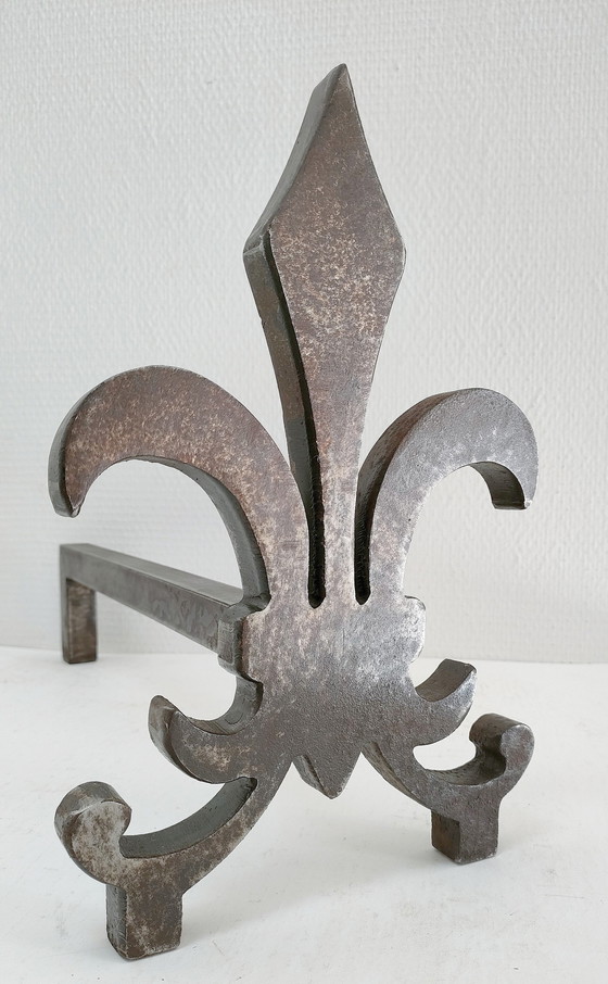 Image 1 of Paire Chenets Fleur De Lys Acier Vintage