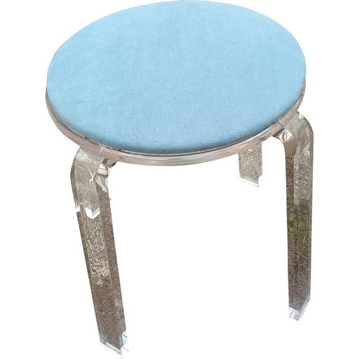 Tabouret vintage en plexiglas et velours bleu, 1980