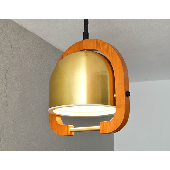 Image 1 of Lustre réglable vintage en laiton et chêne, Italie 1970