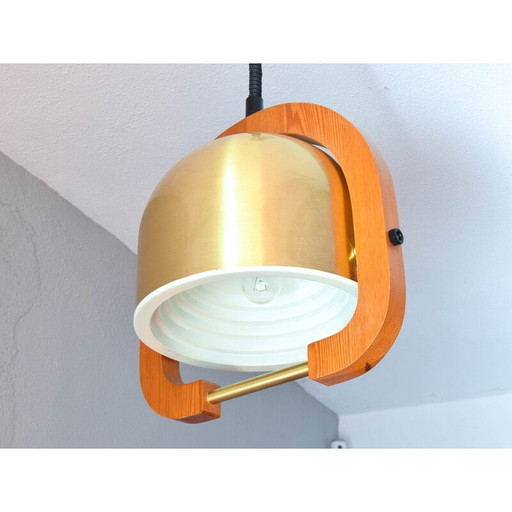 Lustre réglable vintage en laiton et chêne, Italie 1970