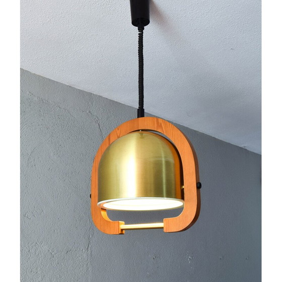 Image 1 of Lustre réglable vintage en laiton et chêne, Italie 1970