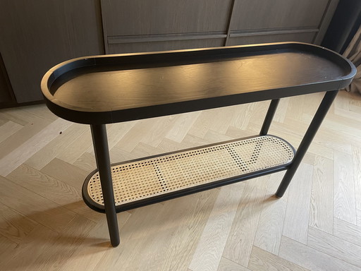 Table console en chêne teinté noir avec rotin