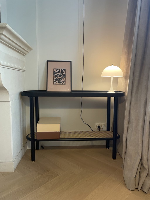 Table console en chêne teinté noir avec rotin