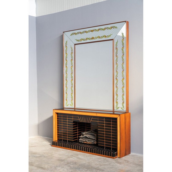 Image 1 of Buffet vintage en verre et bois de rose avec miroir par Luigi Brusotti, Italie 1990