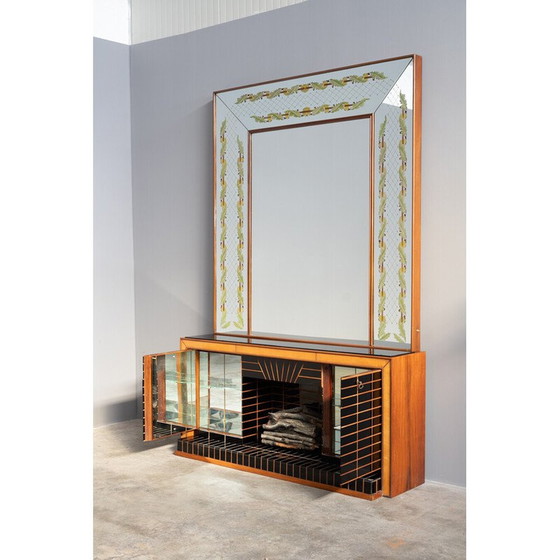 Image 1 of Buffet vintage en verre et bois de rose avec miroir par Luigi Brusotti, Italie 1990
