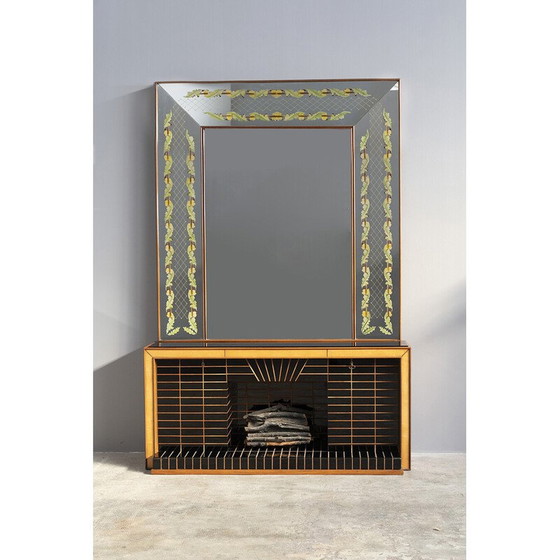 Image 1 of Buffet vintage en verre et bois de rose avec miroir par Luigi Brusotti, Italie 1990