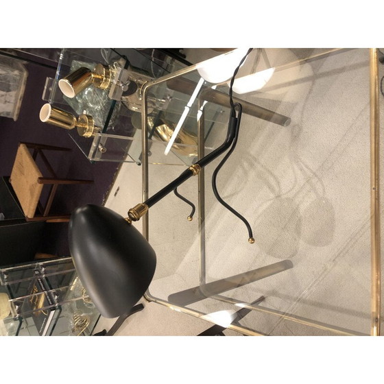 Image 1 of Lampe sauterelle vintage avec tête pivotante en métal laqué noir, 1950