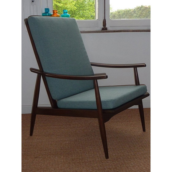 Image 1 of Fauteuil scandinave vert en hêtre et flanelle - années 1950
