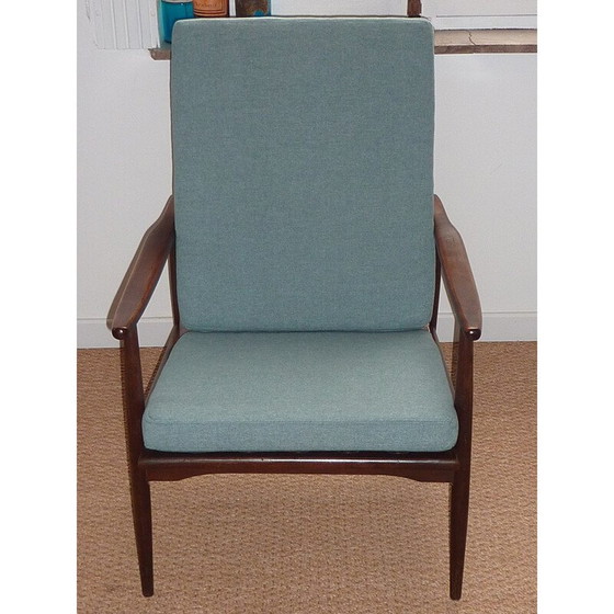 Image 1 of Fauteuil scandinave vert en hêtre et flanelle - années 1950