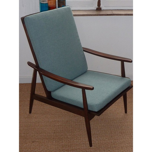 Fauteuil scandinave vert en hêtre et flanelle - années 1950