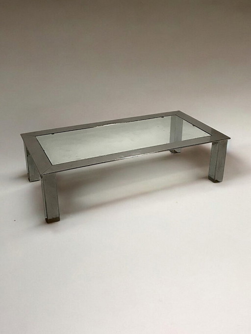 C. 1970 - Table Basse En Inox Chromé Et Plateau En Verre - France - 