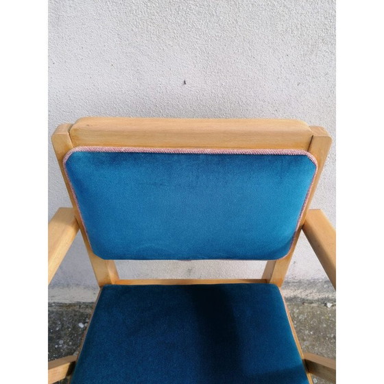 Image 1 of Fauteuil Vintage Bridge art déco en velours bleu canard