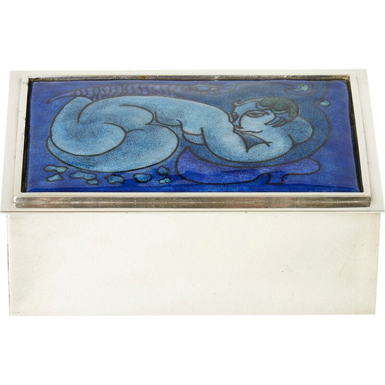 Image 1 of Boîte à bijoux vintage en céramique émaillée argentée de Crevillen Paris, 1970