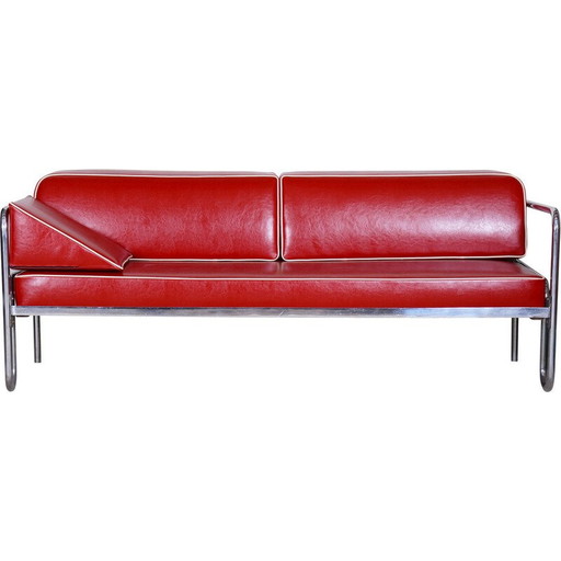 Canapé Bauhaus rouge vintage en cuir et chrome tubulaire, années 1930
