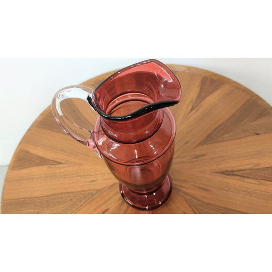 Image 1 of Cruche vintage en verre rose avec oreille blanche, Tchécoslovaquie, années 1950