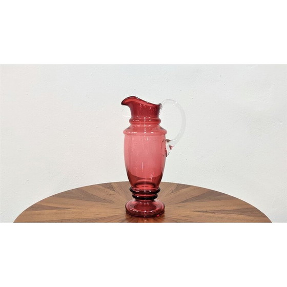 Image 1 of Cruche vintage en verre rose avec oreille blanche, Tchécoslovaquie, années 1950