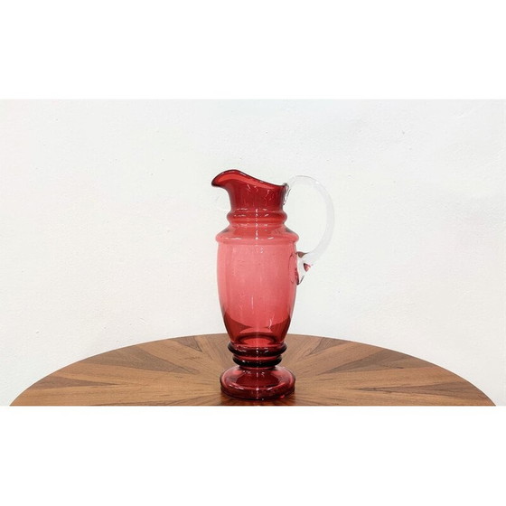 Image 1 of Cruche vintage en verre rose avec oreille blanche, Tchécoslovaquie, années 1950