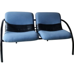 Canapé vintage 2 places en tissu bleu et simili cuir noir - années 1980