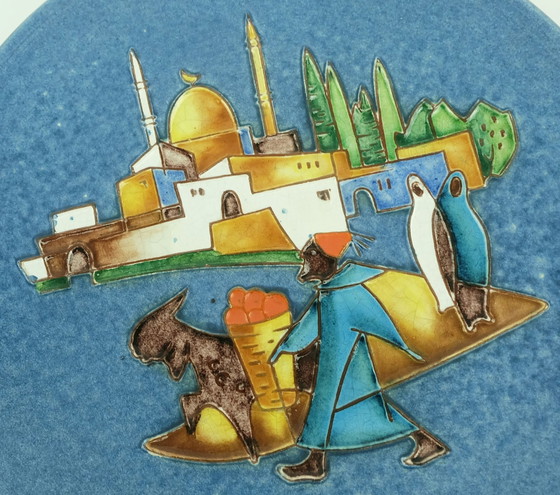 Image 1 of Majolika Karlsruhe Plaque murale Plaque Rare Motif Oriental 1950S