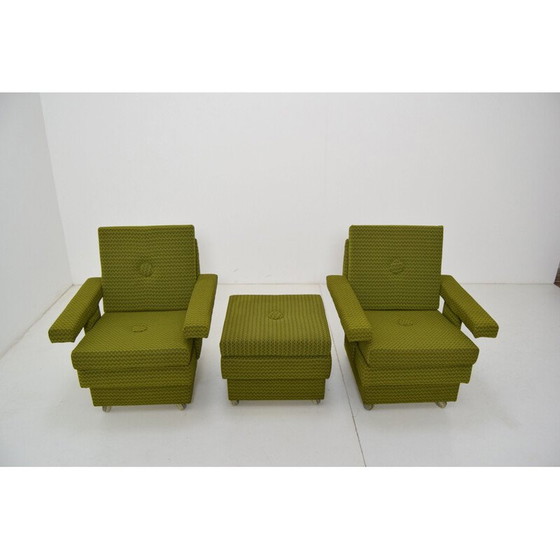 Image 1 of Paire de fauteuils vintage avec pouf et roues en tissu, Tchécoslovaquie 1970
