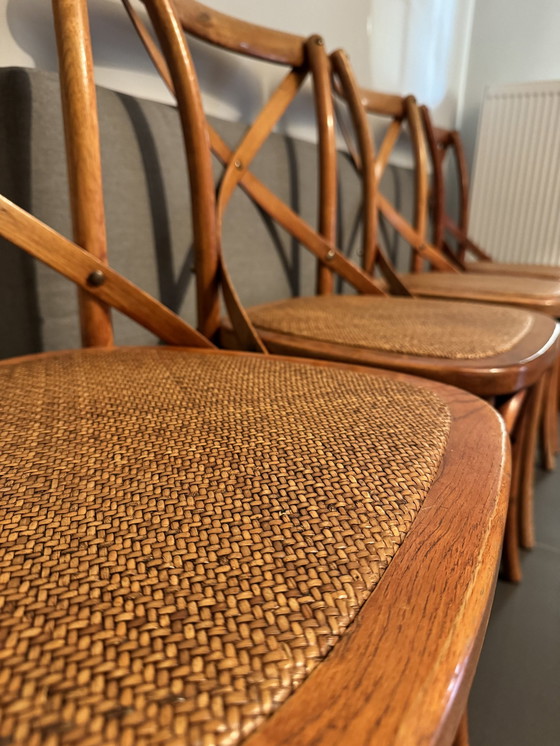 Image 1 of 4x Chaises en bois vintage avec siège en rotin