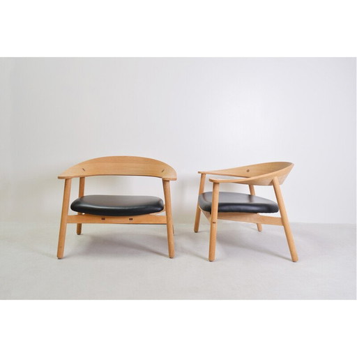 Paire de fauteuils et ottoman vintage en chêne et cuir par Henrik Bønnelycke pour Silo furniture, 2002