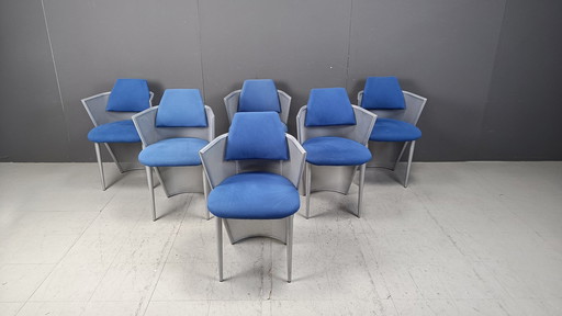 Ensemble de 6 chaises de salle à manger postmodernes en tissu et métal, 1980S