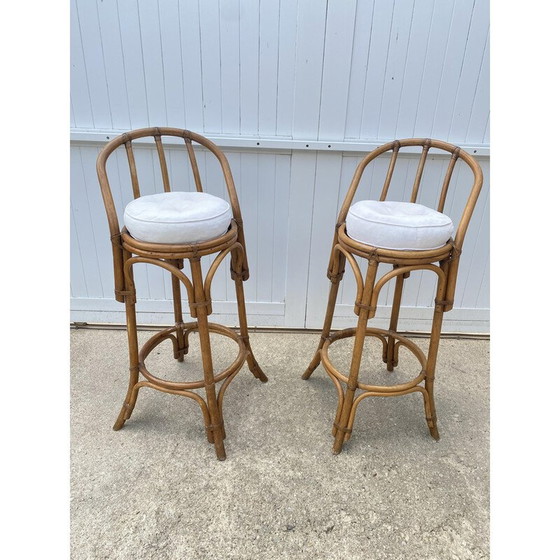Image 1 of Paire de tabourets de bar hauts vintage avec dossier en rotin, 1970