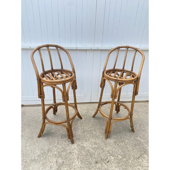 Image 1 of Paire de tabourets de bar hauts vintage avec dossier en rotin, 1970