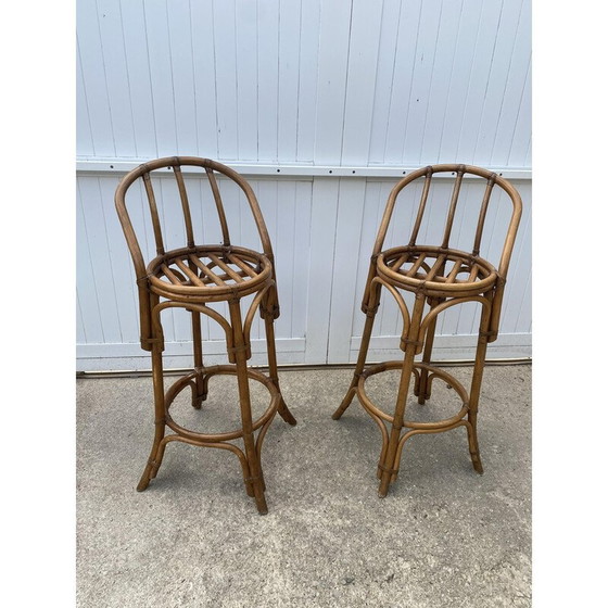 Image 1 of Paire de tabourets de bar hauts vintage avec dossier en rotin, 1970