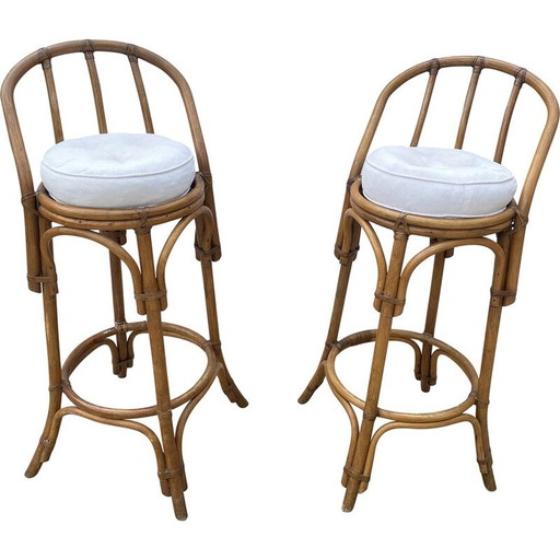 Paire de tabourets de bar hauts vintage avec dossier en rotin, 1970