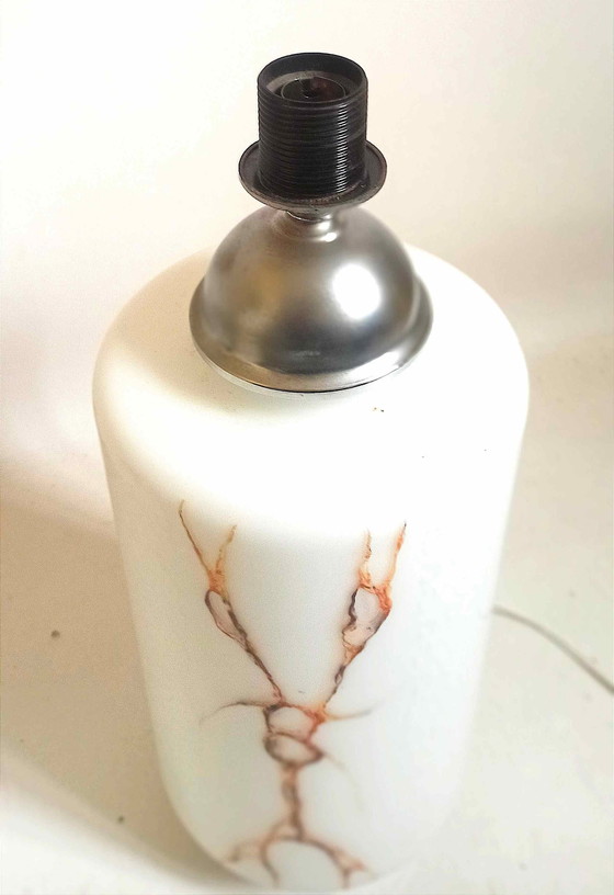 Image 1 of Lampe De Sol Double Éclairage Opaline Blanche Effet Givré Marbrures Brunes 