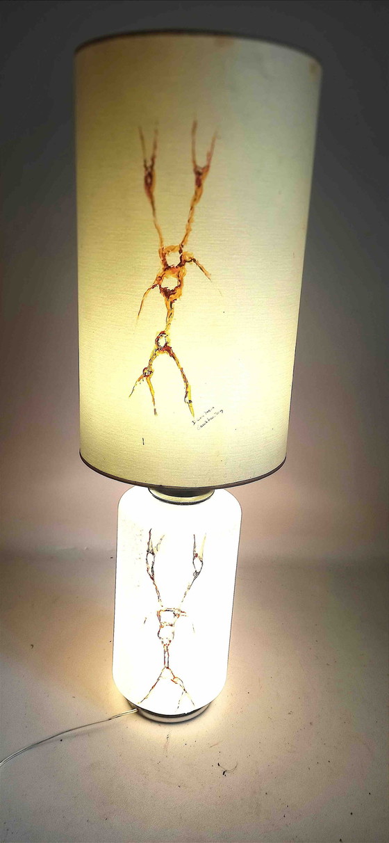 Image 1 of Lampe De Sol Double Éclairage Opaline Blanche Effet Givré Marbrures Brunes 